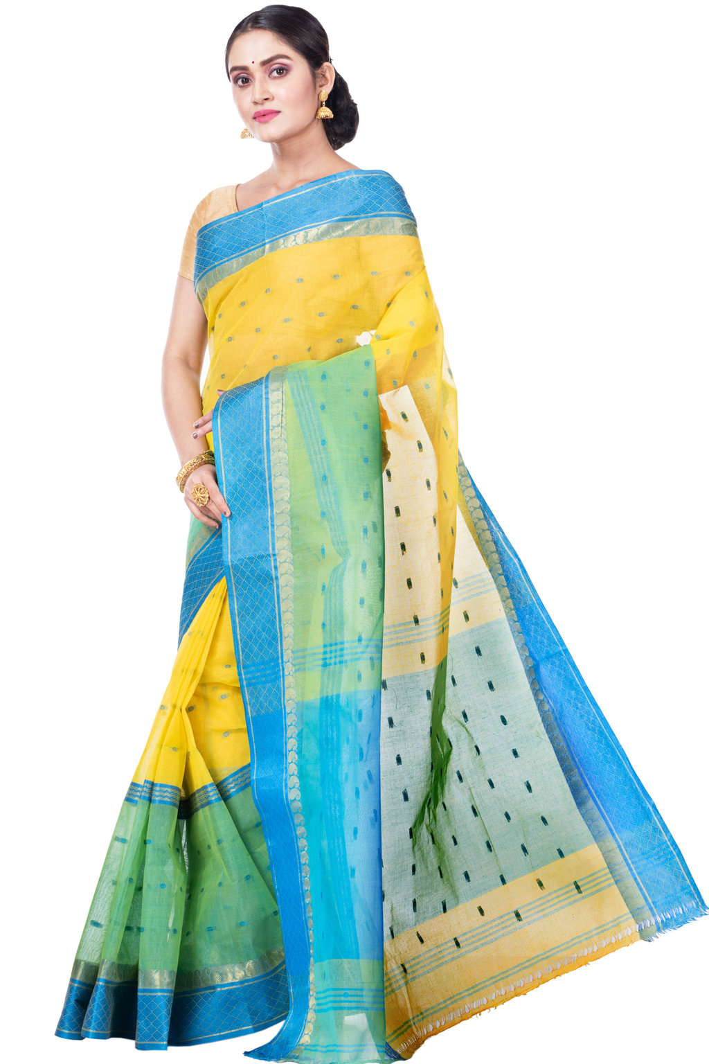 Yellow Pure Cotton Ganga Jamuna_Buti Tant Saree (648)
